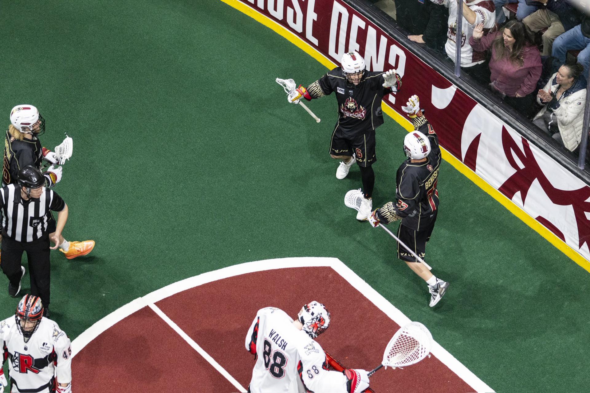Oshawa FireWolves Celebrates Goal at the TCC, but Calgary Roughnecks Get Revenge